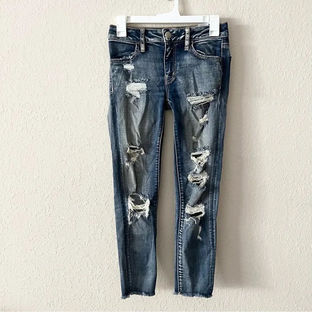 American Eagle Jeans Womens Blue Super Stretch Distressed Jegging Crop Size 0